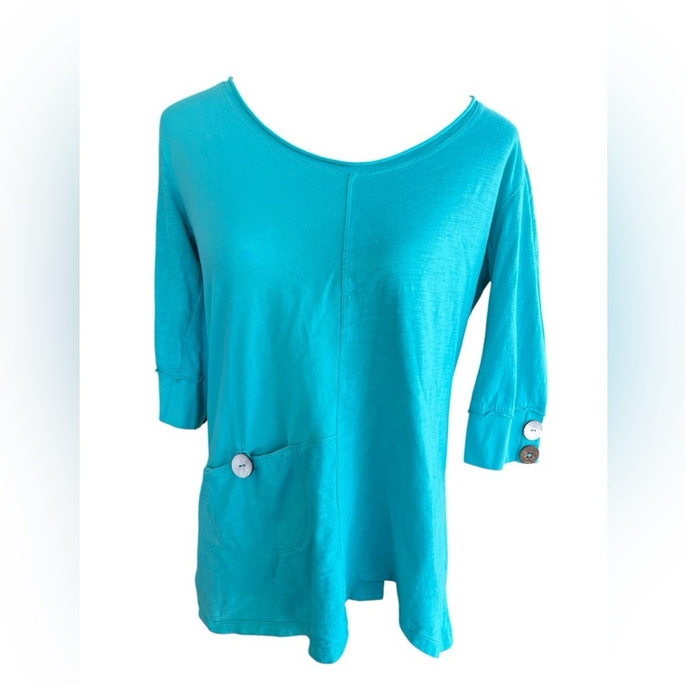 neon buddha Turquoise Button Pocket 3/4 Sleeve Top